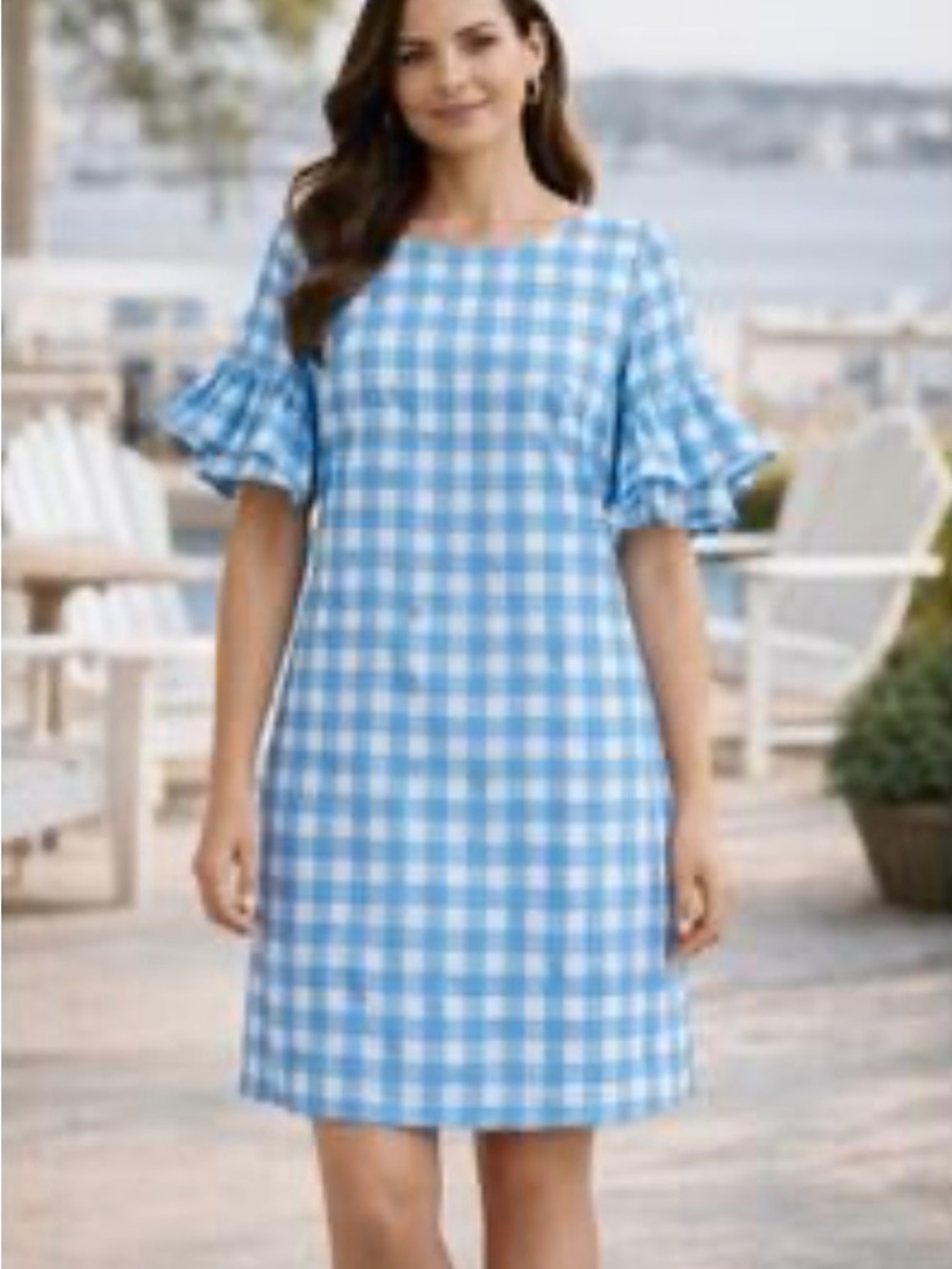 STS sail to Sable Blue and White Gingham Ruffle Sleeve Dress size 6 New with Tag